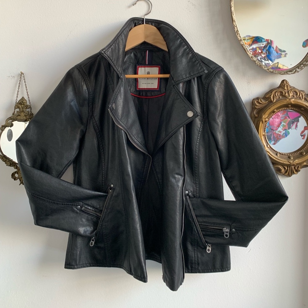 Black Tommy Hilfiger Faux Leather Jacket Size M - Picture 8 of 8